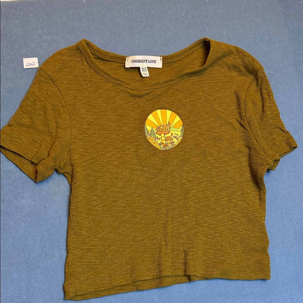 Obsessive Love Size XS Cherish‎ Love Mustard Crop Top with Mushroom Patch